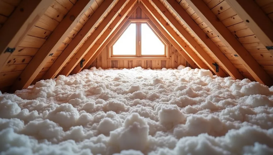 Eye-level view of attic space with old insulation being removed