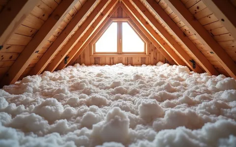 Eye-level view of attic space with old insulation being removed