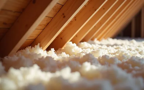 Eye-level view of attic insulation being installed between wooden beams