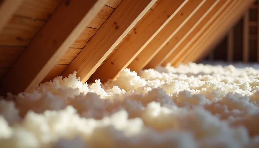 Eye-level view of attic insulation being installed between wooden beams
