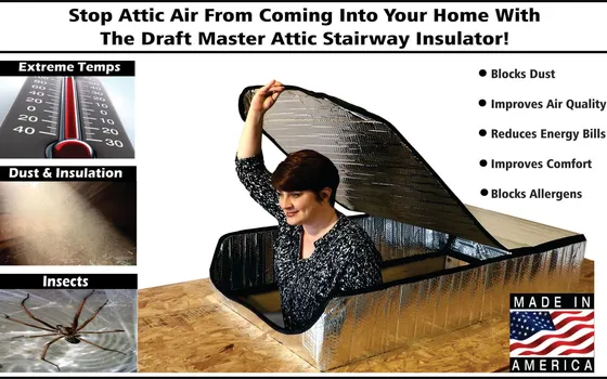 Draft Master attic stairway insulator cover with thermal comparison images