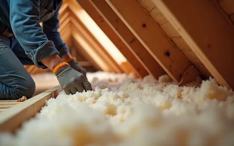 Eye-level view of attic insulation being installed