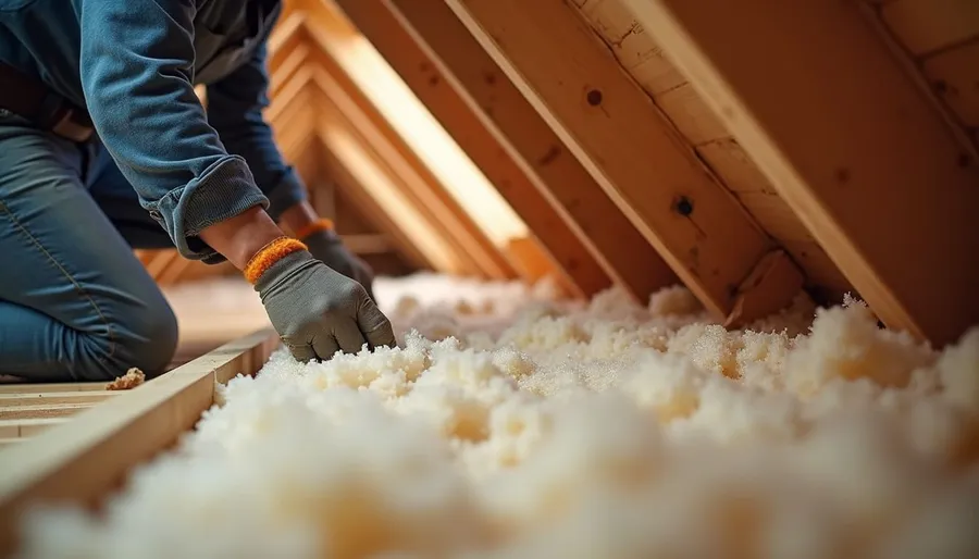 Eye-level view of attic insulation being installed