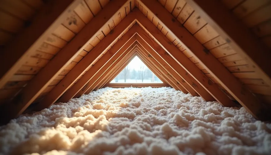 Eye-level view of attic roof vents and insulation