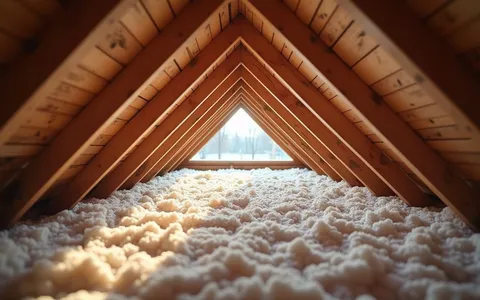 Eye-level view of attic roof vents and insulation