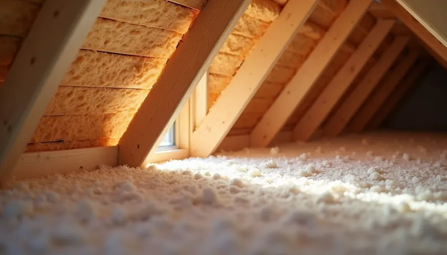 Eye-level view of attic insulation being installed between wooden beams