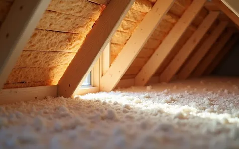 Eye-level view of attic insulation being installed between wooden beams