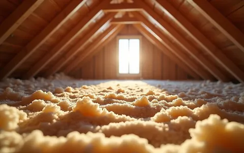 Eye-level view of attic insulation being installed in a residential home