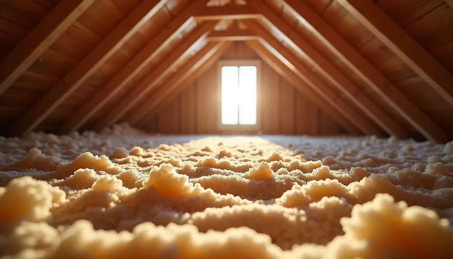 Eye-level view of attic insulation being installed in a residential home