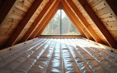 High angle view of attic with radiant barrier installation in progress