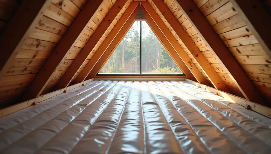 High angle view of attic with radiant barrier installation in progress