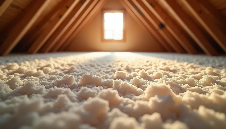 Eye-level view of attic insulation material spread evenly across the floor