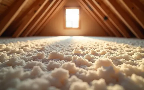 Eye-level view of attic insulation material spread evenly across the floor
