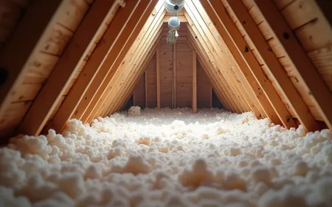 Eye-level view of attic space with insulation being installed