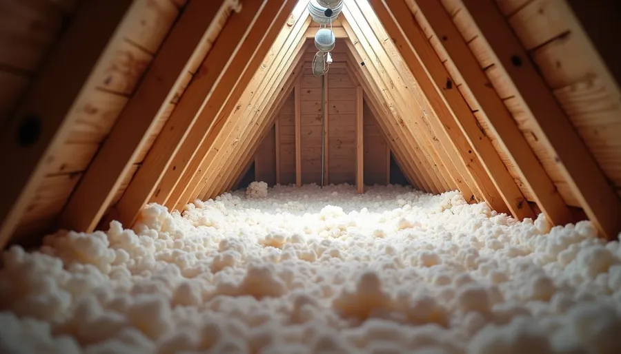 Eye-level view of attic space with insulation being installed