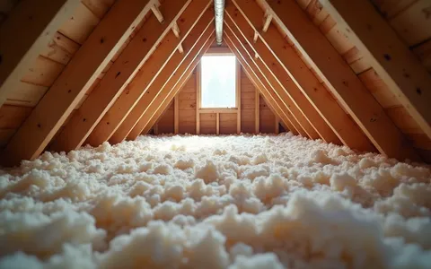 Eye-level view of attic space with insulation being removed